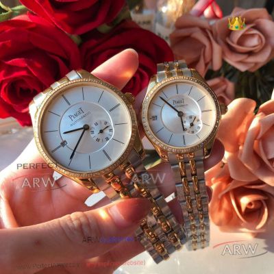 Perfect Replica Piaget Altiplano White Dial All Gold Diamond Bezel Couple Watch